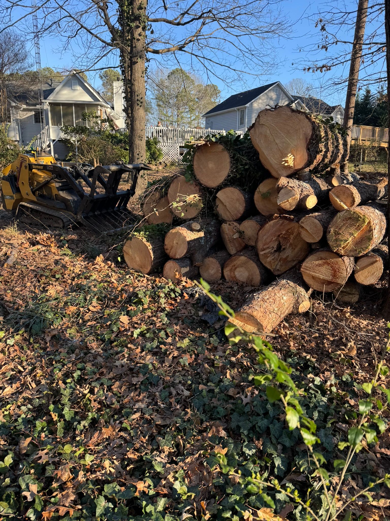 A pile of cut logs sits on a lawn with a yellow grapple attachment and houses visible in the background.