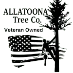 Logo for Allatoona Tree Co. with a tree climber on a trunk in front of an American flag; text reads