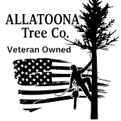 Logo for Allatoona Tree Co. with a tree climber on a trunk in front of an American flag; text reads