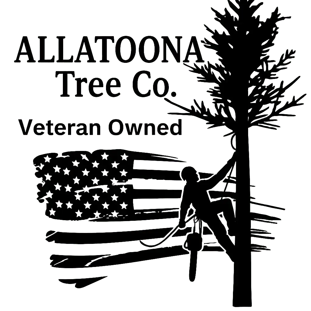Logo for Allatoona Tree Co. with a tree climber on a trunk in front of an American flag; text reads 