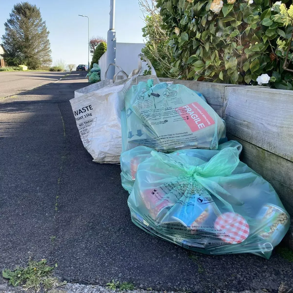 Bags of trash on a sidewalk. One white bag, two green bags, cans and other recyclables visible. Bright sunlight.