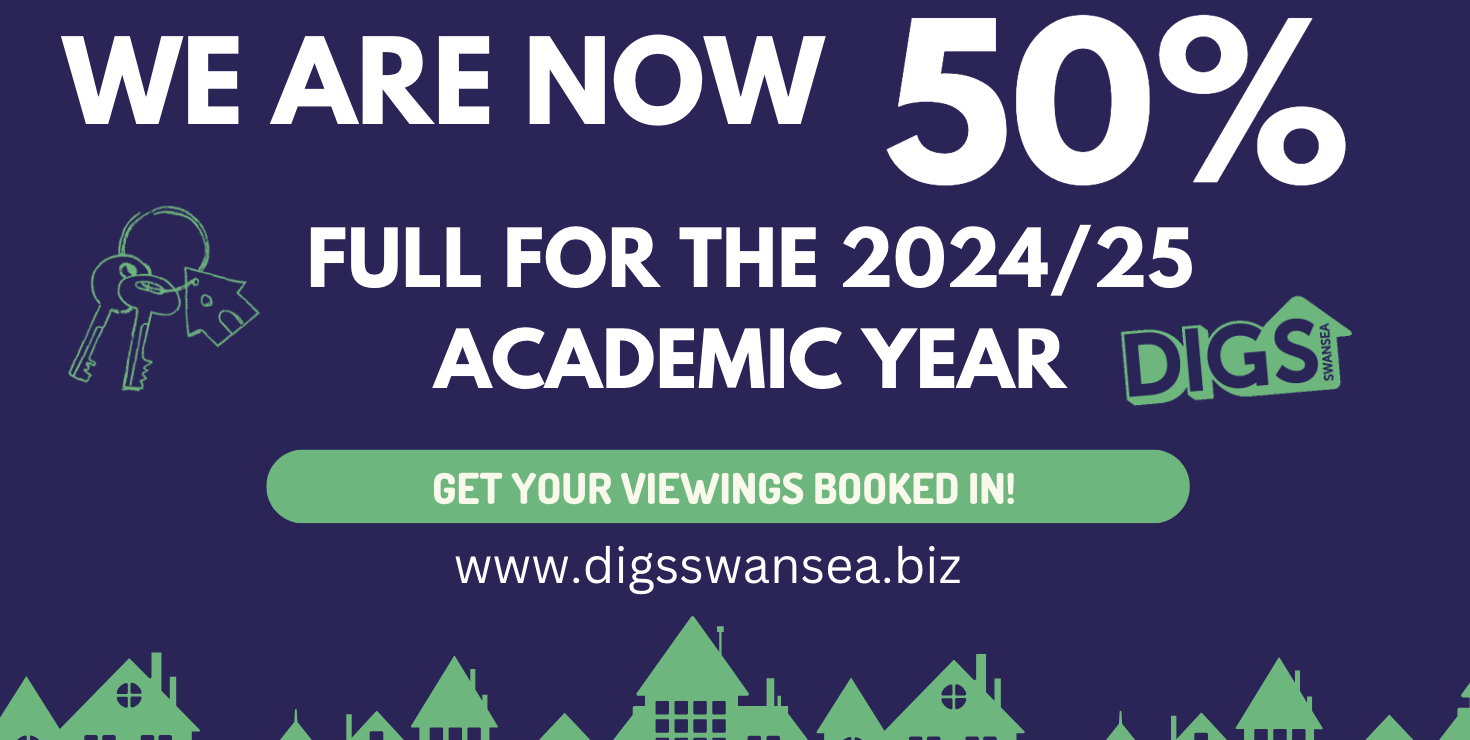 Advertisement: 50% full for 2024/25 academic year at DIGS. Book viewings at www.digsswansea.biz.