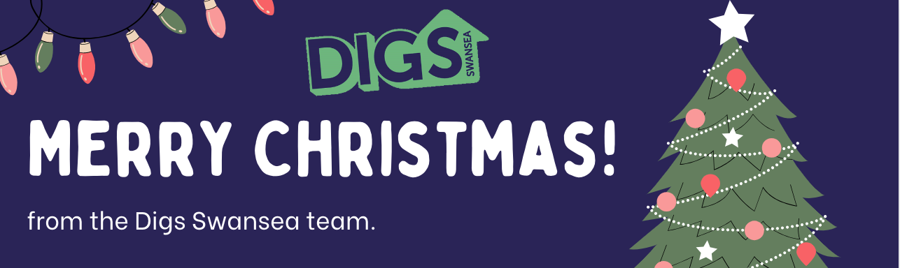 Merry Christmas greeting from Digs Swansea team, featuring a Christmas tree and string lights on a dark blue background.