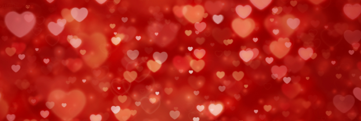 Red background with many blurred heart shapes.