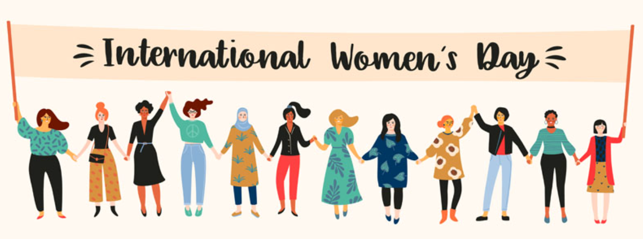 Illustration of diverse women holding hands, celebrating International Women's Day. They are holding a banner with text.