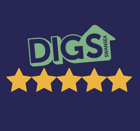 Logo for Digs Swansea with five gold stars on a dark blue background.