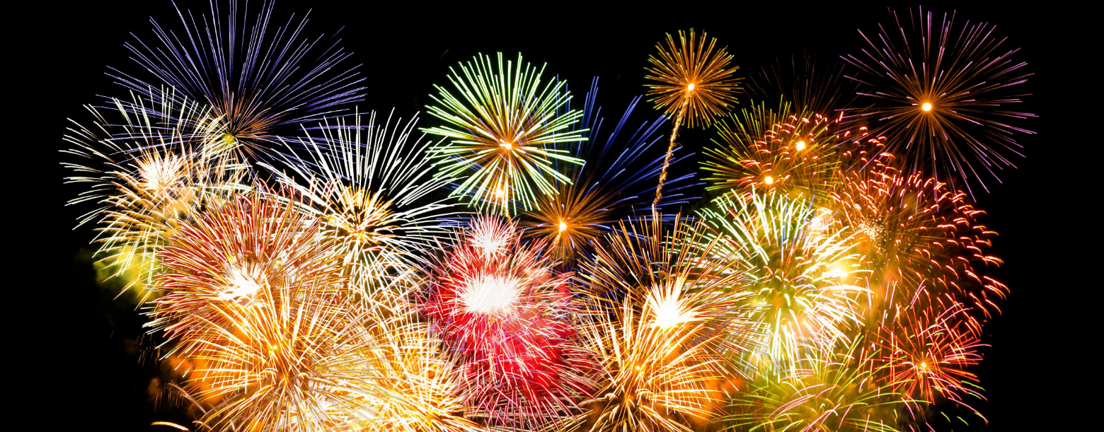 Fireworks display in a black sky with bursts of red, green, gold, and blue.