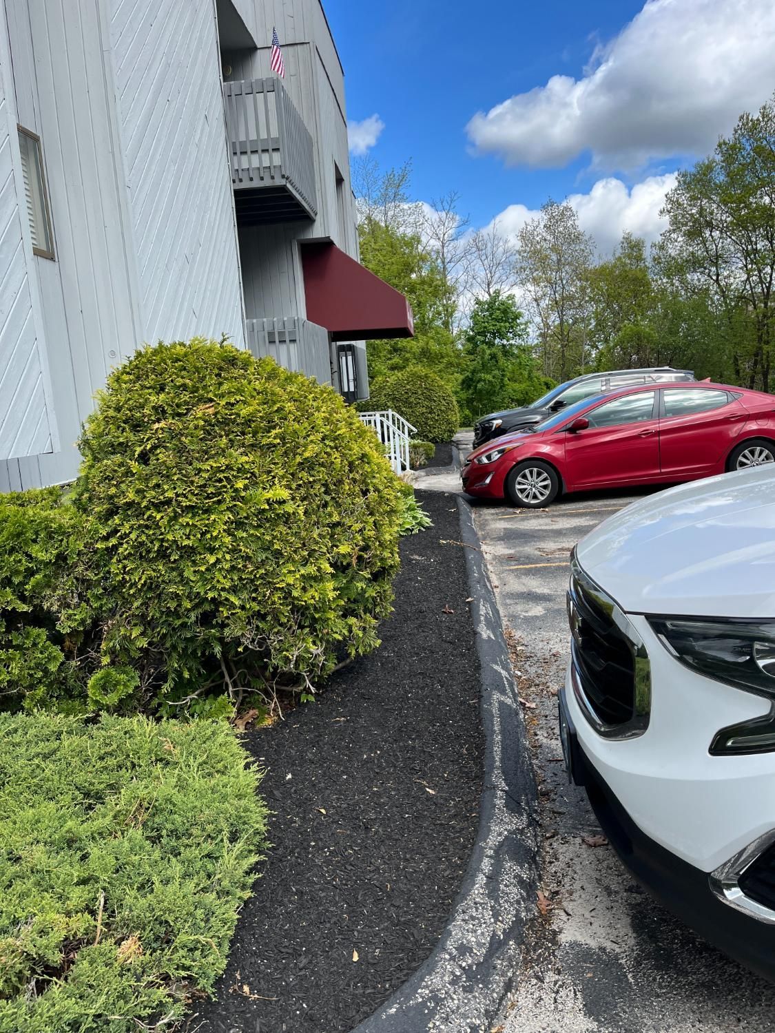 A white car parked next to a curb with a red car in the background. Bushes and mulch border a building.