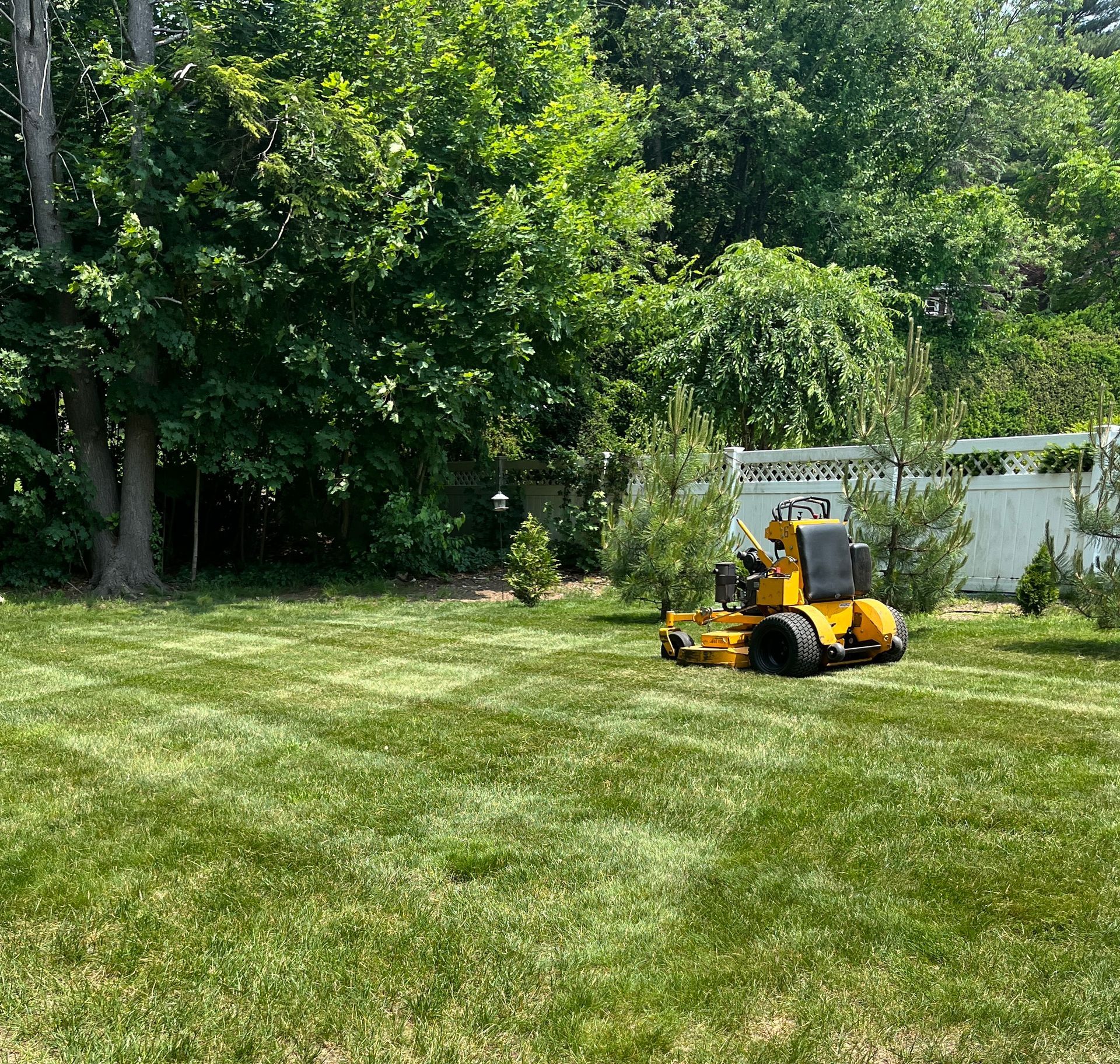 A yellow lawn mower is cutting a lush green lawn.