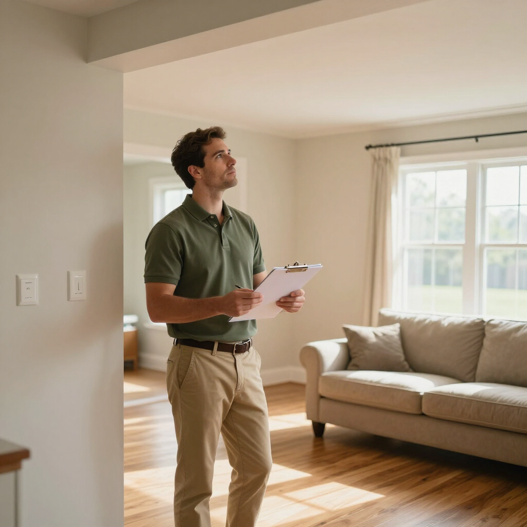 Person holding a clipboard in a bright living room beside a beige sofa and large window.