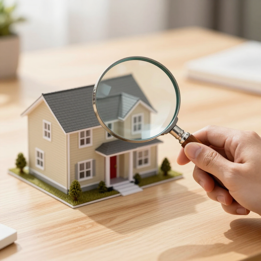 Hand holding magnifying glass over a small model house on a wooden desk