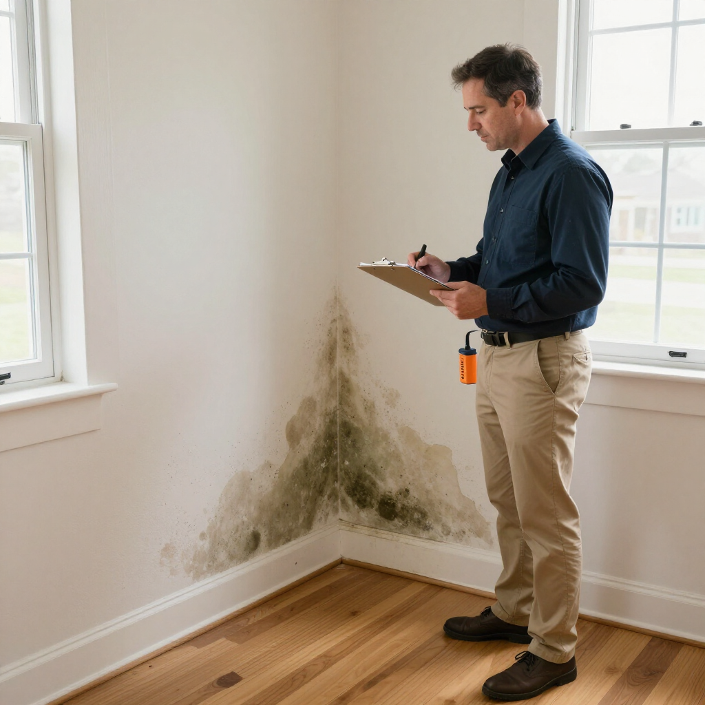Inspector examining mold damage in a corner of a room with peeling paint and wet stain marks
