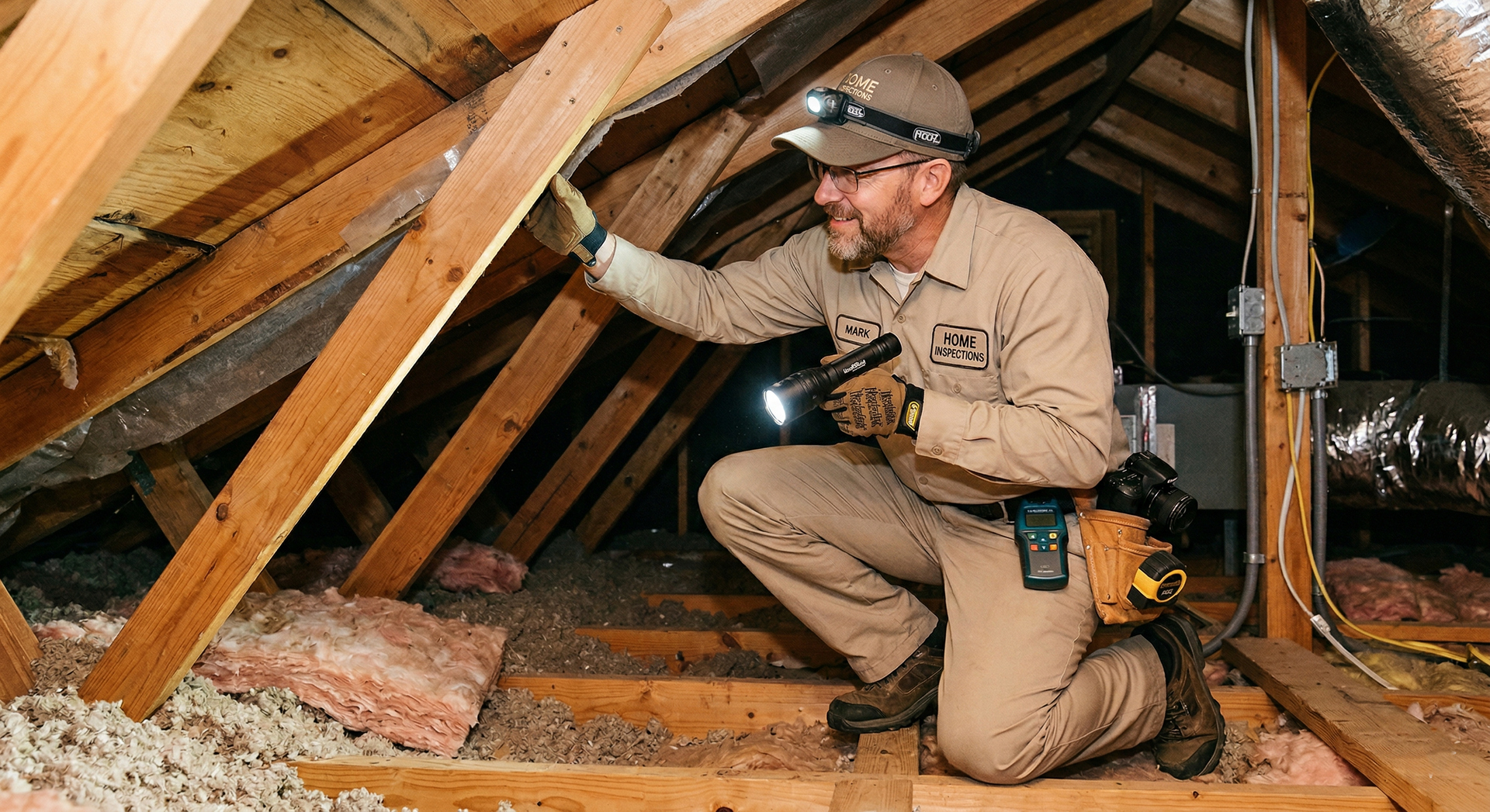 A professional inspector wearing a headlamp, gloves, and work clothes examines wooden rafters in a home attic.