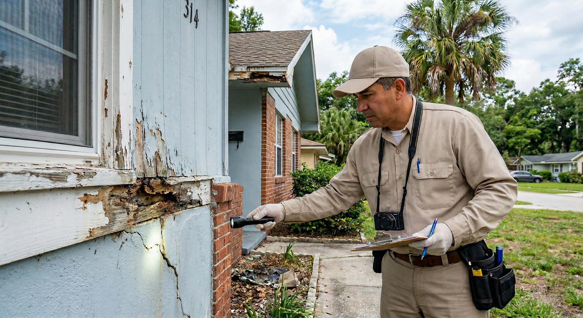 A home inspector uses a flashlight to examine significant wood rot and structural damage on the exterior of a house.