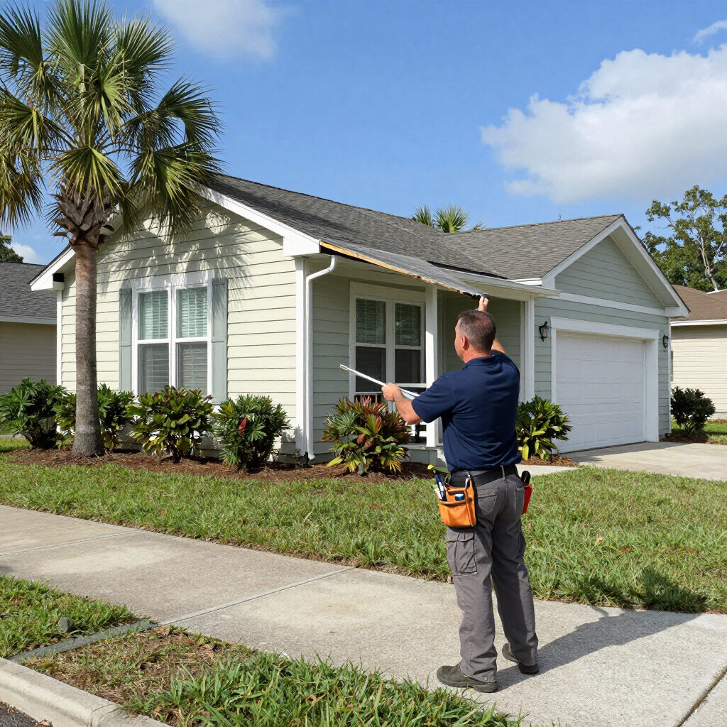 Worker in navy shirt inspecting a beige house with a clipboard in a sunny suburban yard