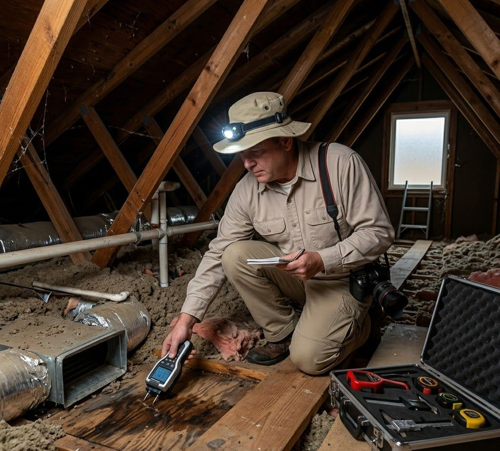 A person in a hat and headlamp uses a moisture meter to inspect a water-stained wooden joist in a residential attic.