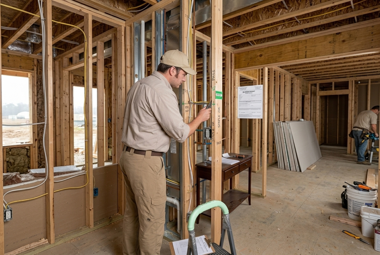 Worker kneeling in an attic insulation area, inspecting wooden rafters with a flashlight and tools.
