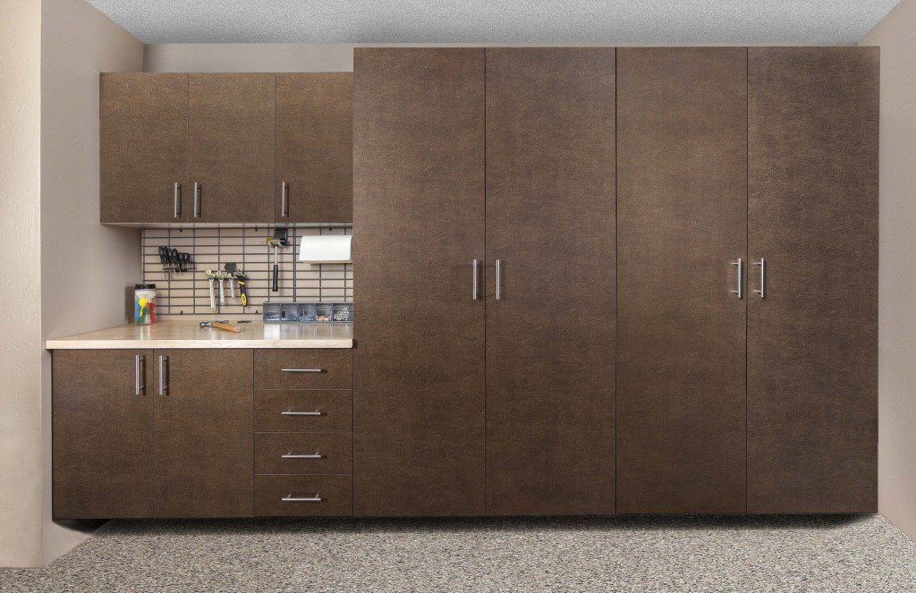 Custom garage storage cabinets with a bronze finish