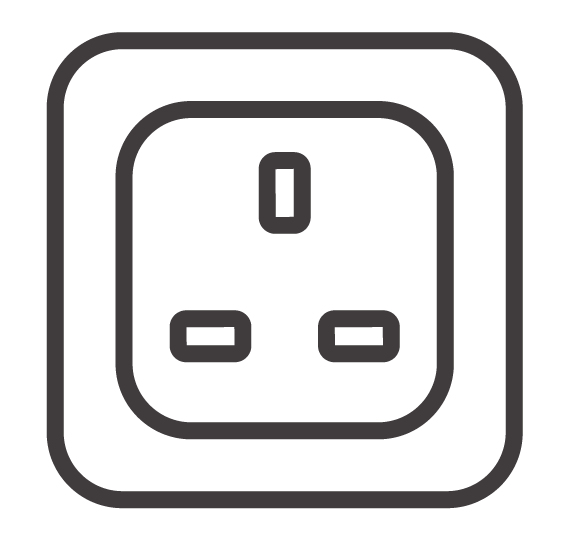 A black and white icon of a electrical outlet.