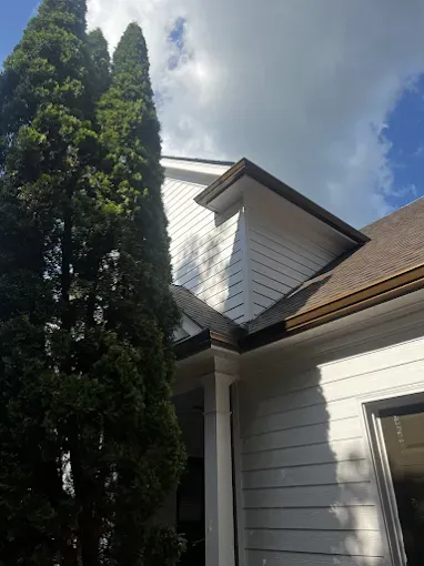 White siding house with brown roof and trim against a cloudy sky. A tall green tree is on the left.