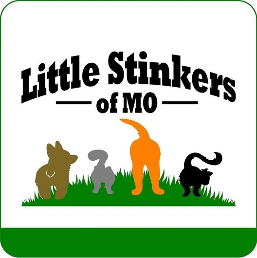 A logo for little stinkers of mo with animals in the grass