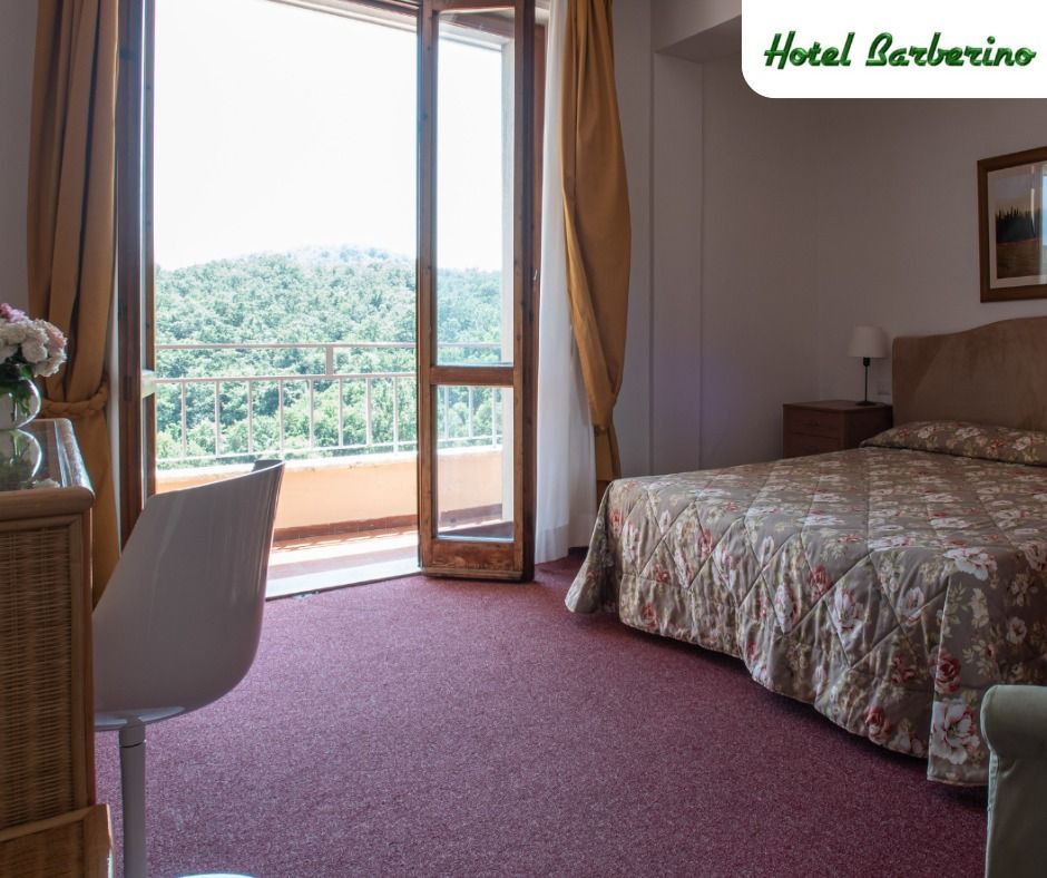 Una camera d'albergo con un letto grande e un balcone