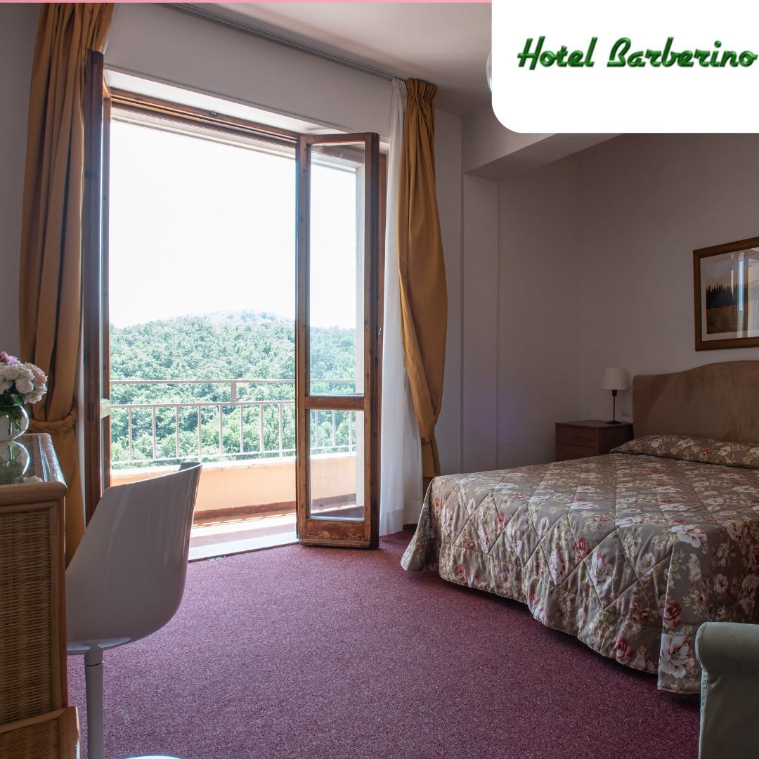 Una camera d'albergo con un letto grande e un balcone