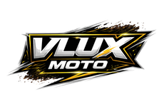VLUX MOTO logo with black, gold, and white text on a dirty background.
