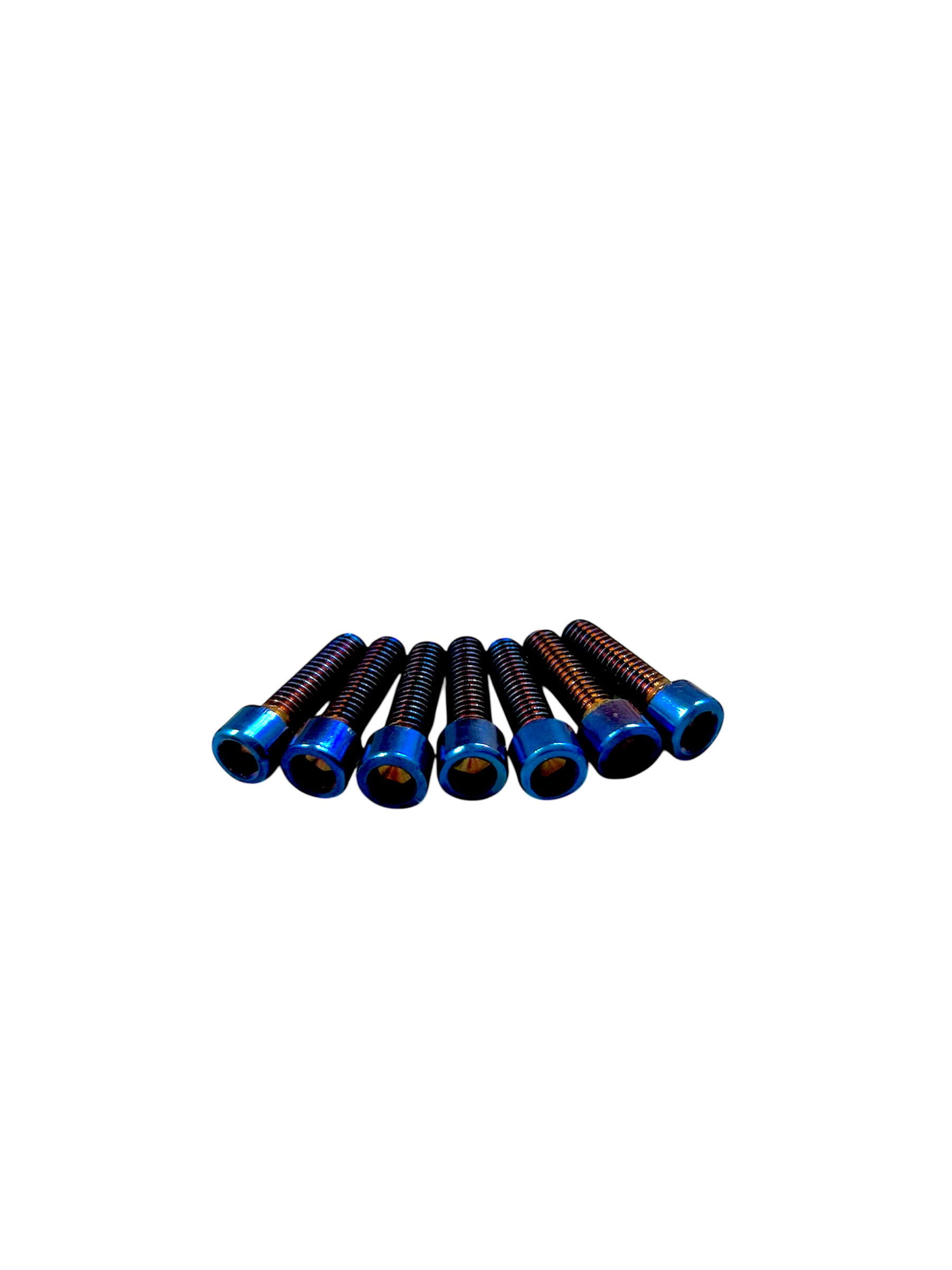 Seven blue and black bolts arranged horizontally against a white background.