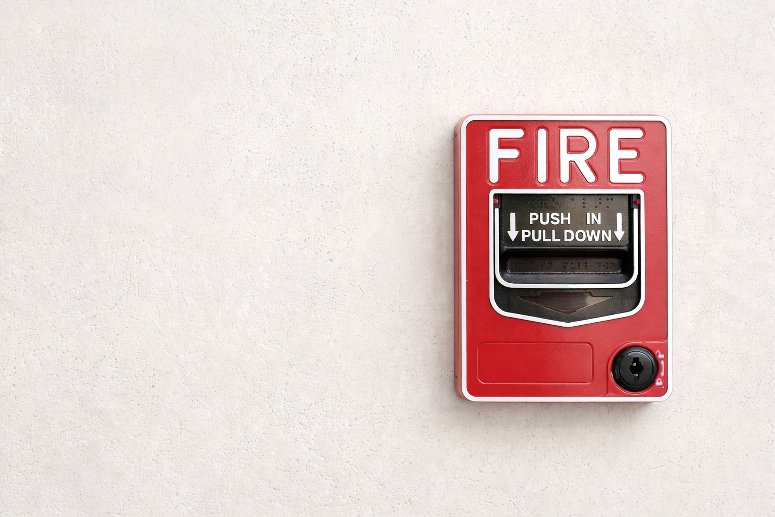 Red fire alarm on a white wall. 