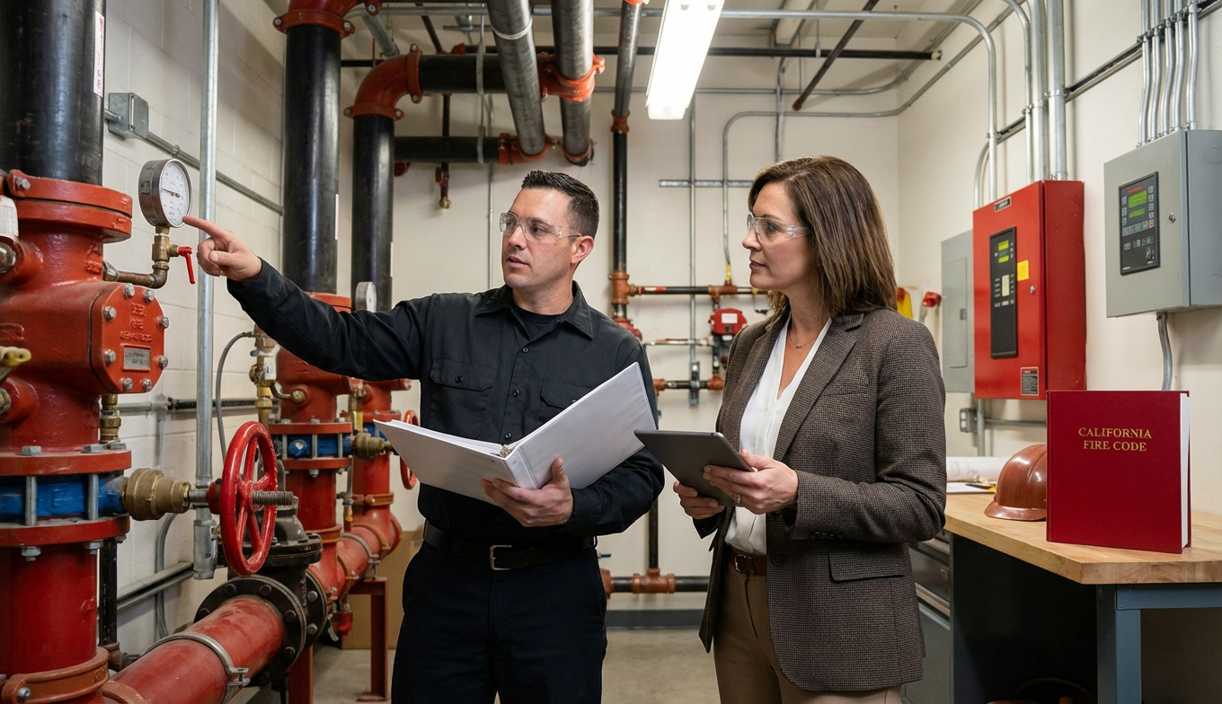 A person in uniform points to a gauge on red pipes while discussing equipment with a colleague holding a tablet.