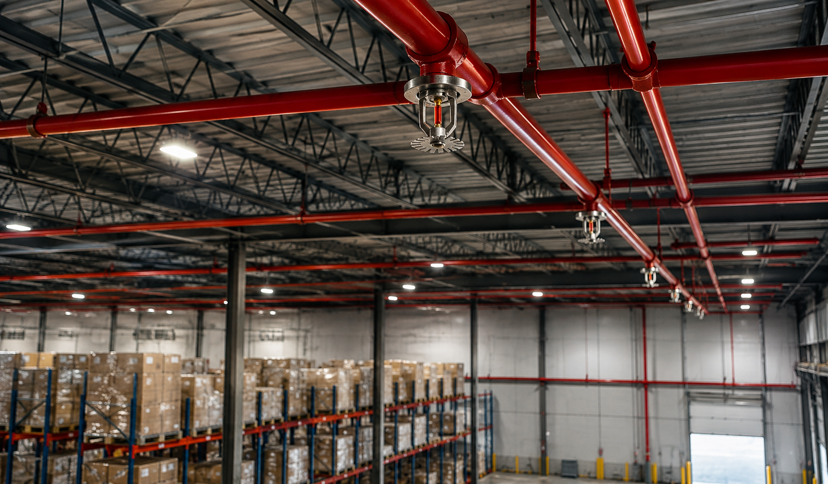 Warehouse interior with pallet racks, stacked boxes, and red overhead pipes under a high metal ceiling