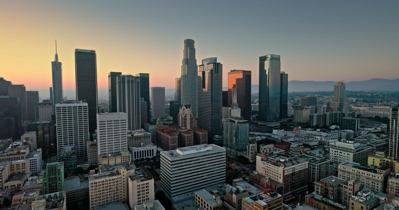 Bird's-eye view of Downtown Los Angeles at dusk
