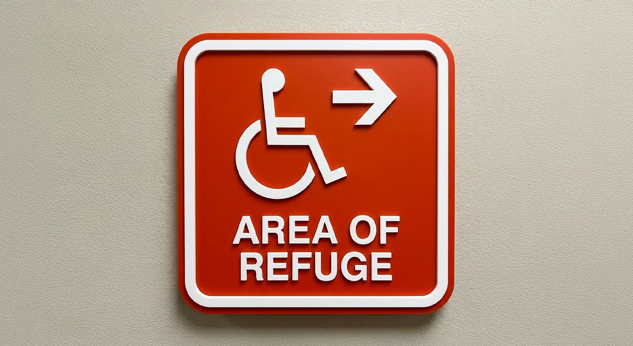 Red sign: wheelchair symbol with arrow,