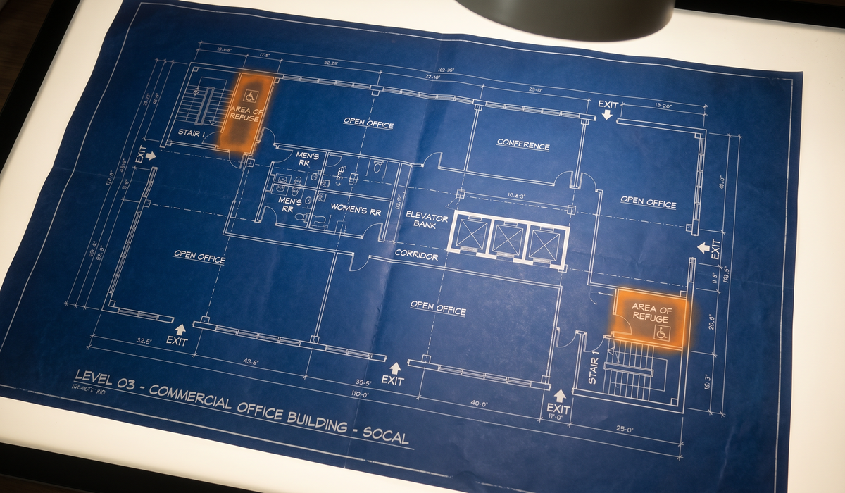 Blue architectural blueprint with white floor plan lines and two orange labels on a table