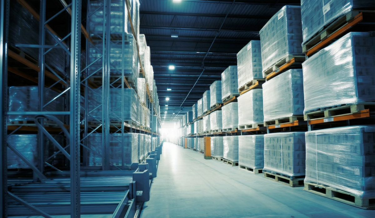 A long, perspective view of a warehouse aisle with pallets stacked high on metal shelving under bright overhead lights.
