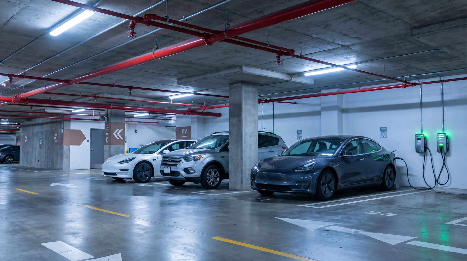 Underground parking garage with three parked cars and EV charging stations on the right.