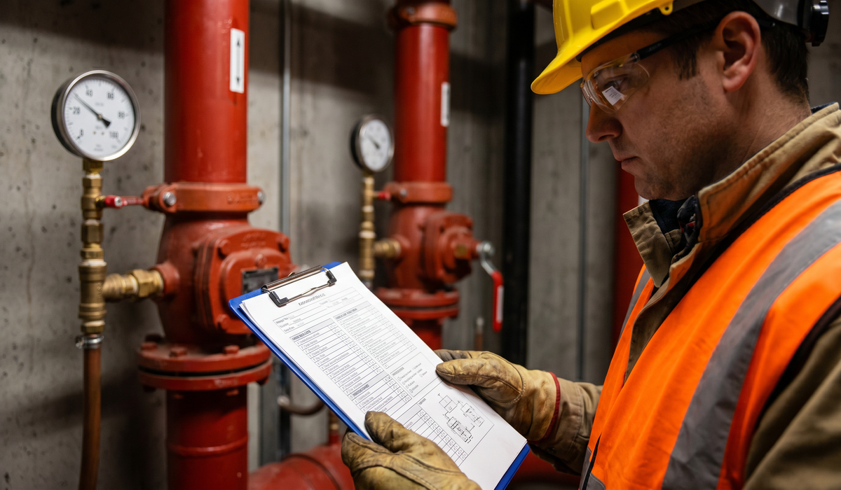 Inspector in hard hat reviewing a clipboard beside red industrial pipes and gauges