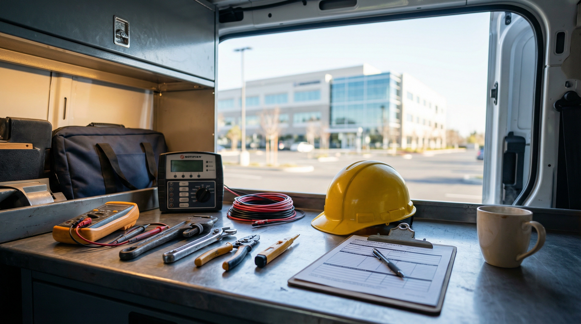 A technician's workspace inside a van shows tools, a yellow hard hat, and a clipboard, with a building visible outside.