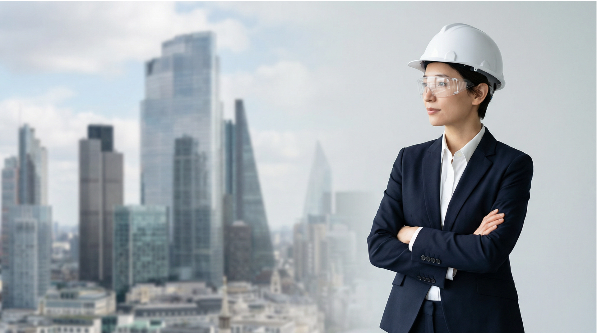 Woman in a white hard hat and suit, arms crossed, looking at a cityscape.