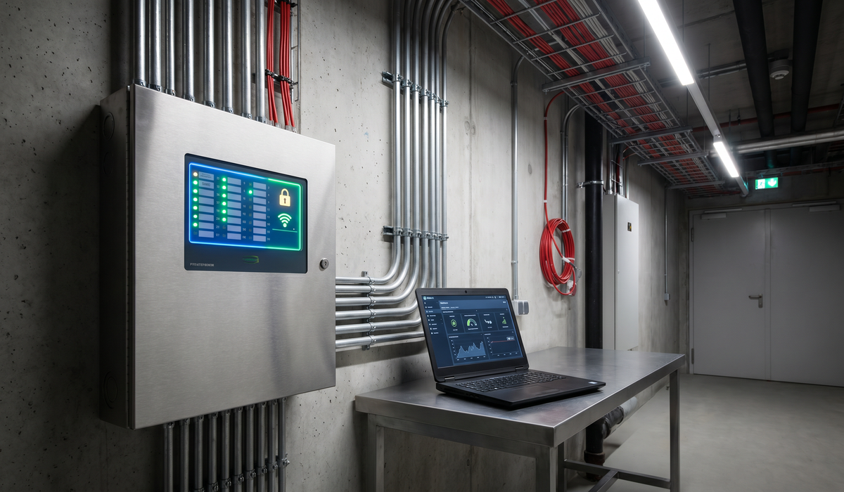 Industrial corridor with wall-mounted monitor, laptop on a metal table, and overhead cable runs