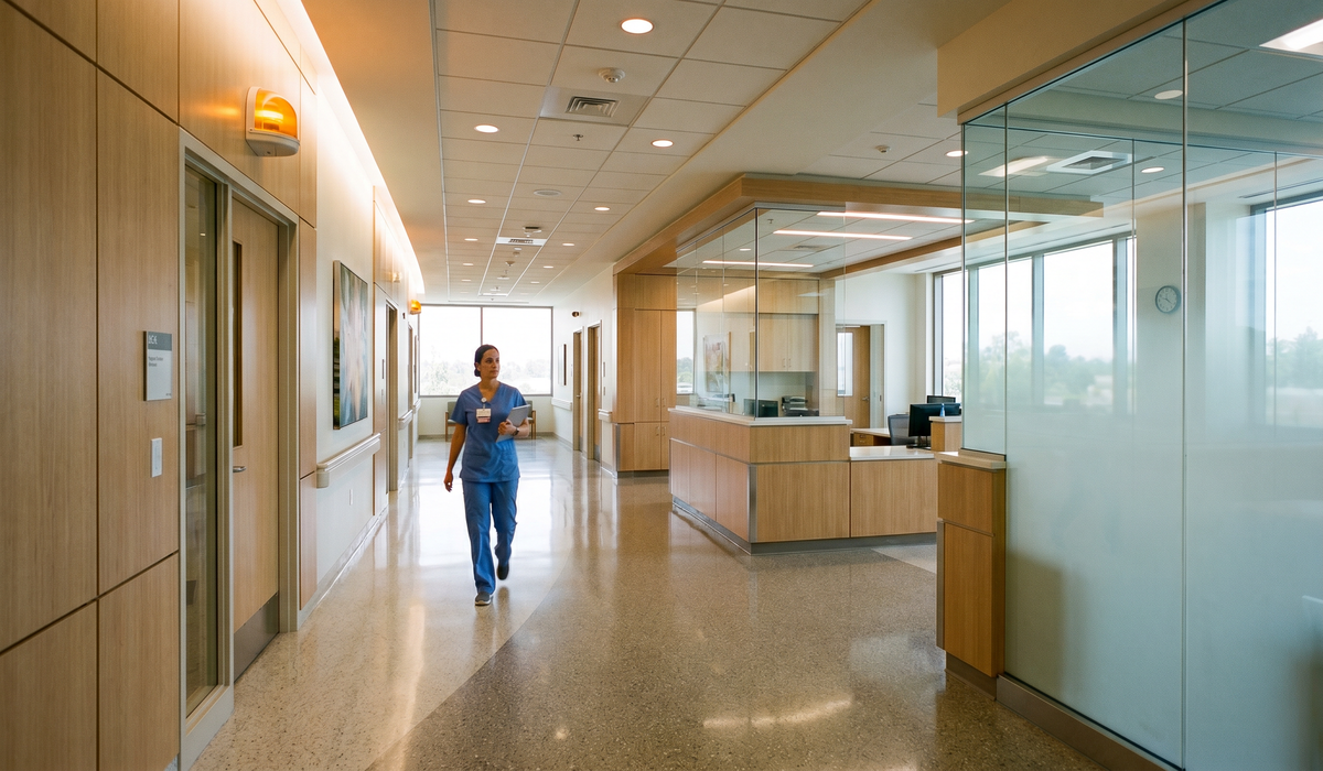 Person walking through a bright modern office hallway with glass partitions and wood-paneled walls