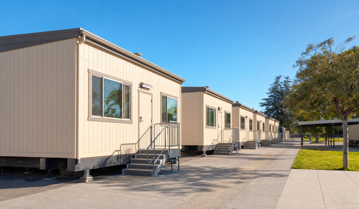 Row of beige portable buildings with steps along a paved path on a sunny day