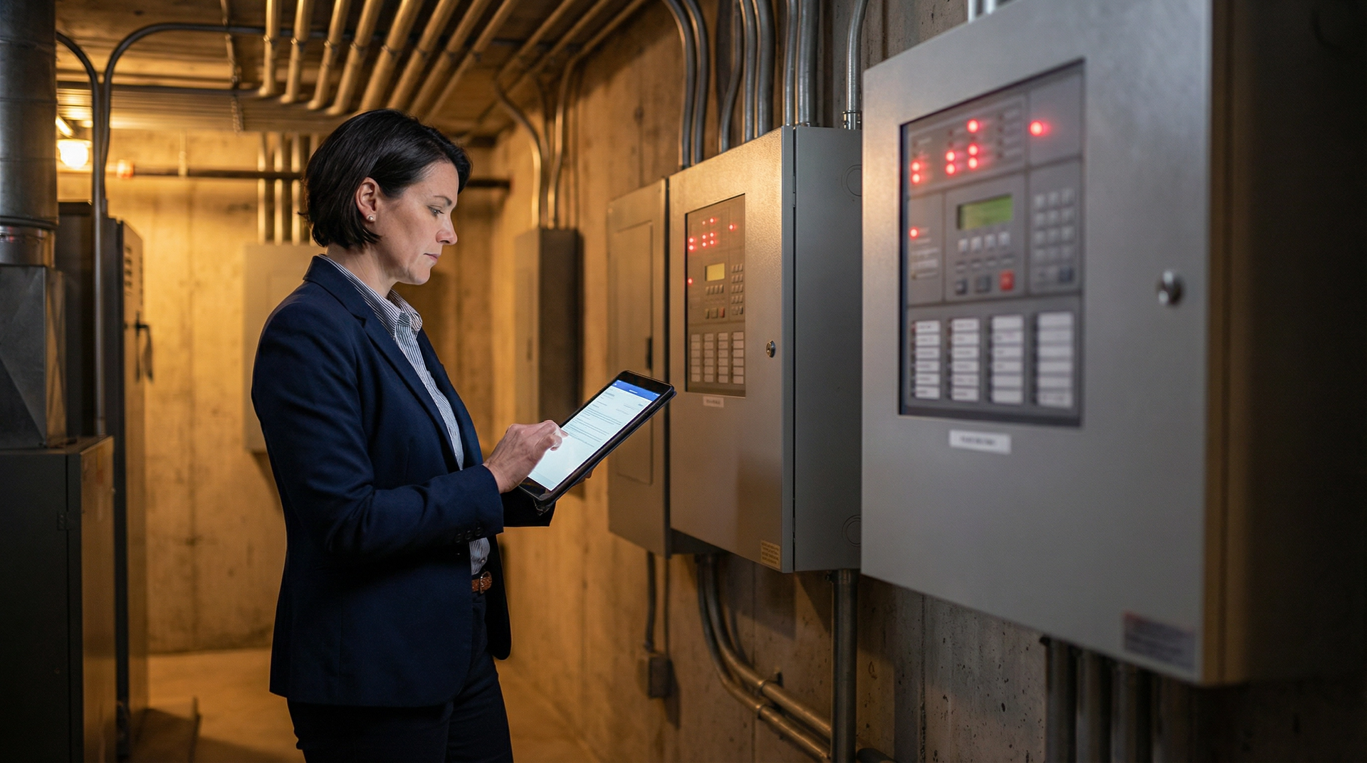 A person in professional attire uses a tablet while checking industrial electrical control panels in a basement.