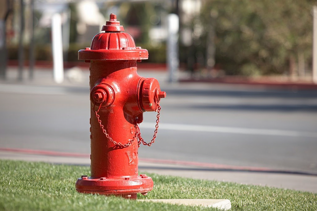 A bright red fire hydrant stands on a patch of green grass beside a paved road.