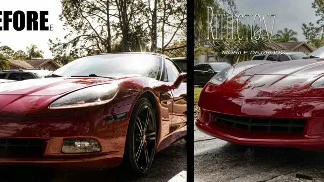 Red Corvette, before and after detailing, parked outdoors.