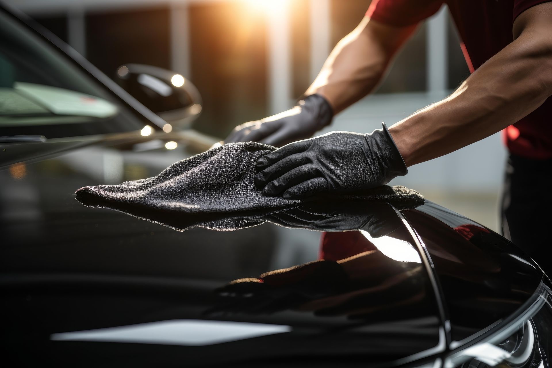 Person in black gloves wiping a black car hood with a black cloth.