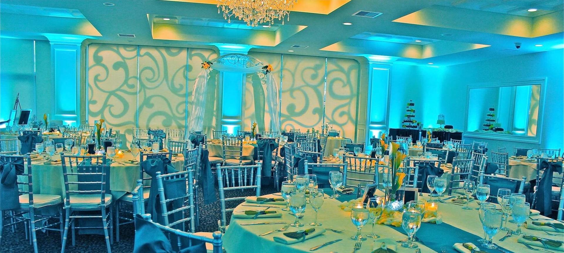Arden Hills Resort​ ​East Terrace Room Sacramento Uplighting Turquoise Brighten Up Event Lighting