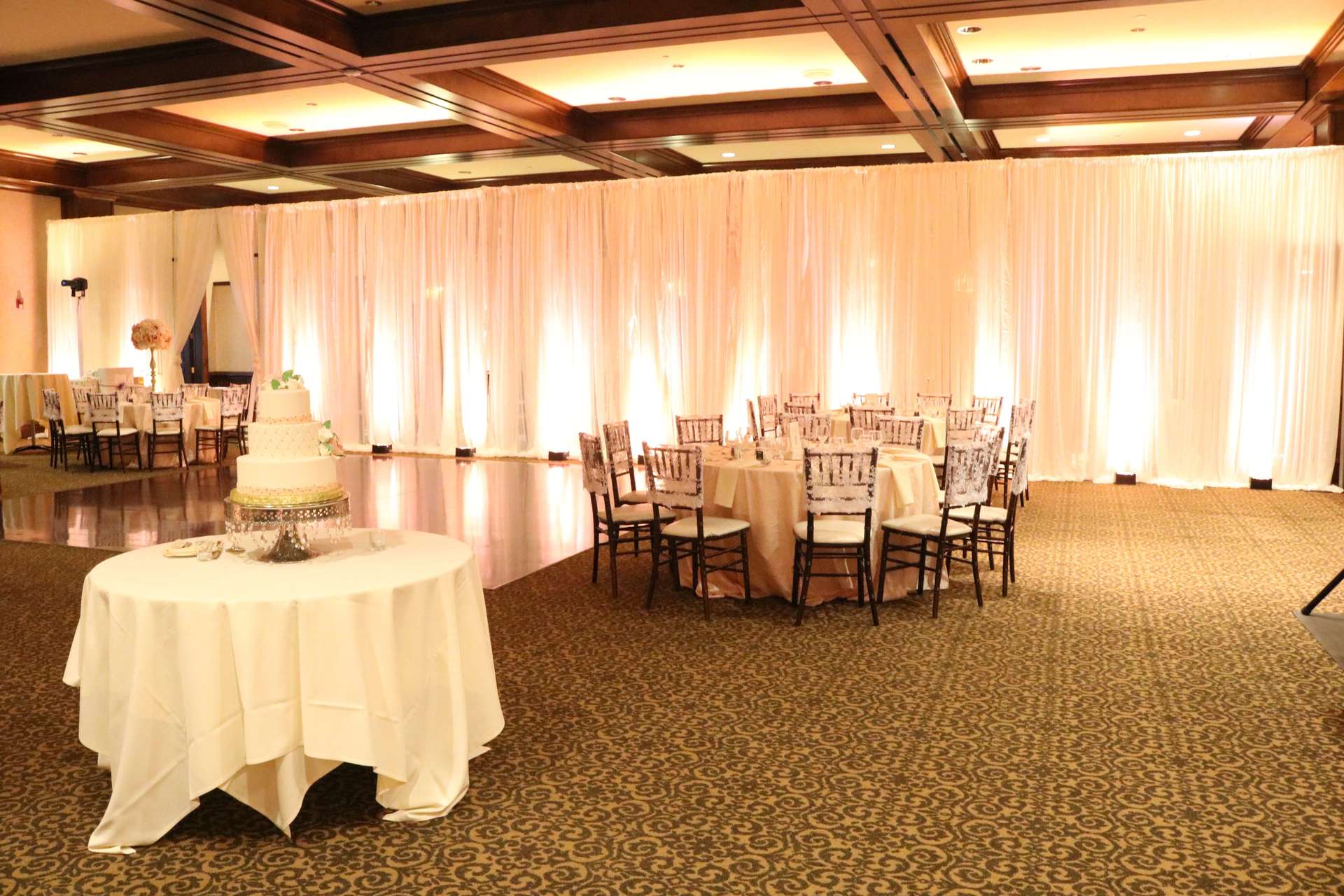 Arden Hills Resort Heritage Room Wedding Sacramento Soft Blush Uplighting Brighten Up Event Lighting