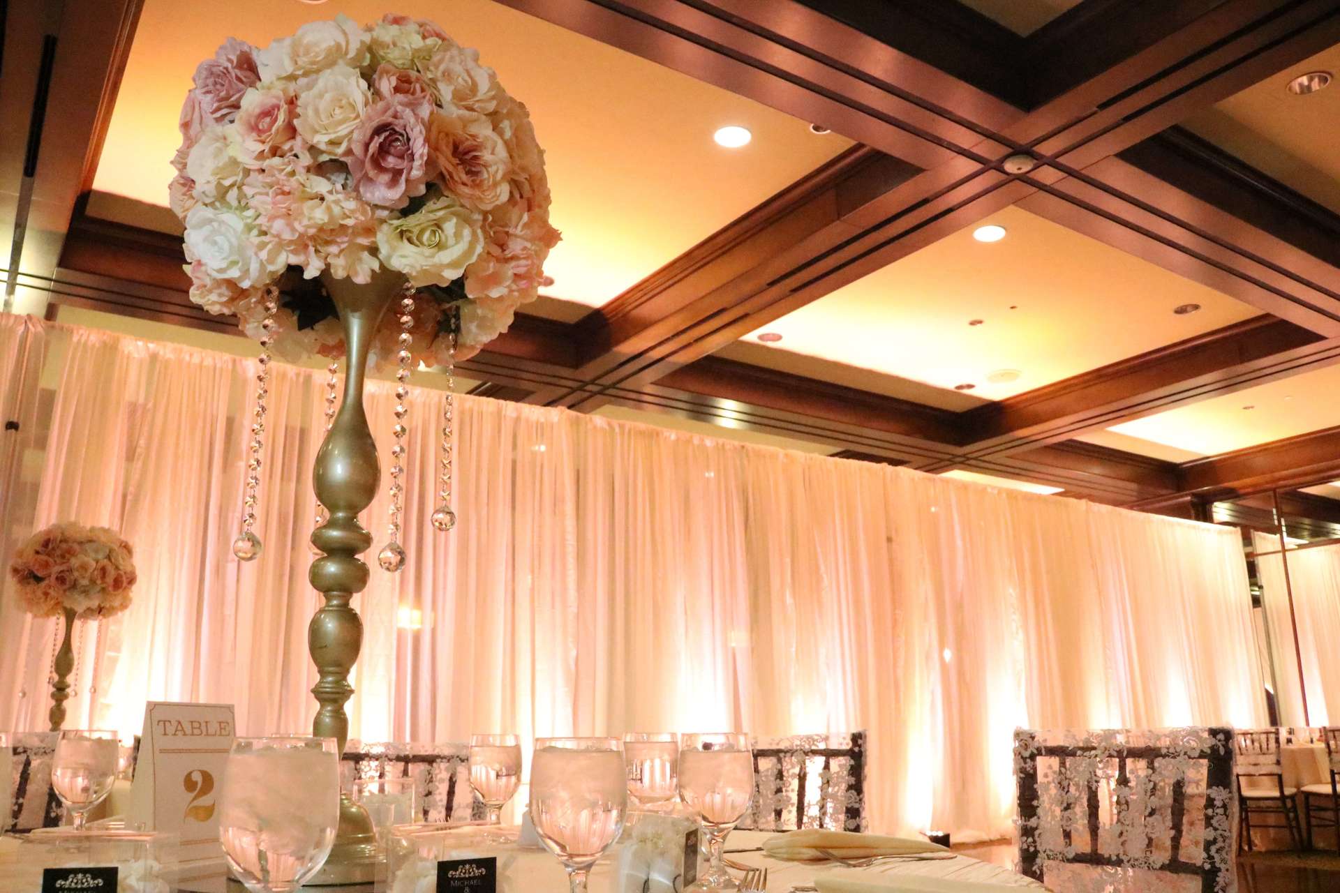 Arden Hills Resort Heritage Room Wedding Sacramento Blush Soft Pink Uplighting Brighten Up Event Lighting
